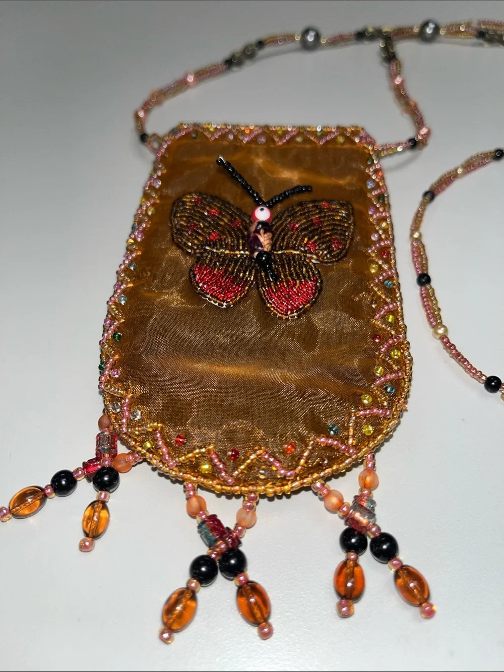 Source Unknown Brown Beaded Fringe Phone Case Charm w/ butterfly